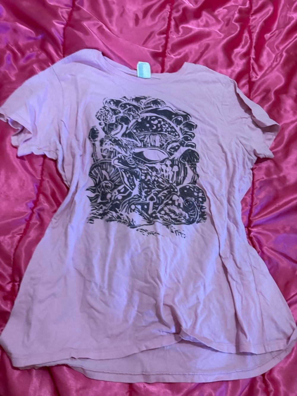 Women's Pink Graphic T-Shirt - Mushroom Illustration